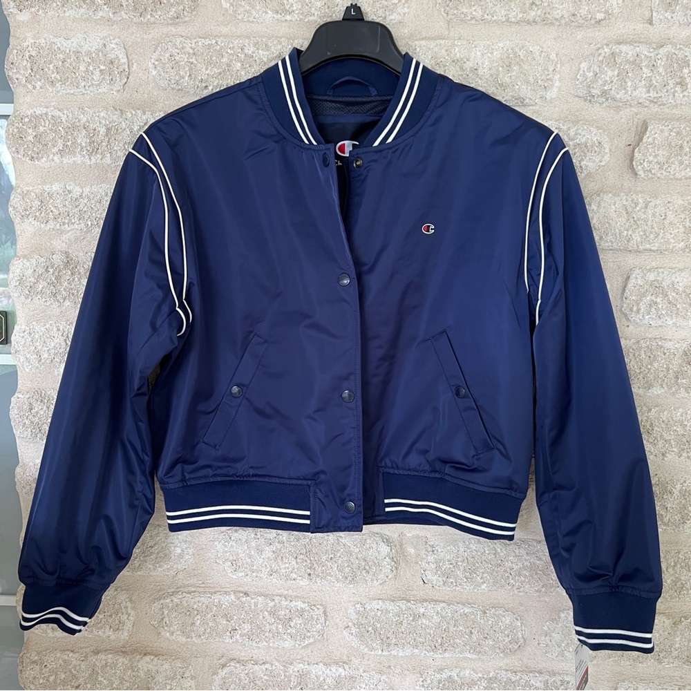 Champion Cropped Varsity Bomber Jacket Navy and White L NEW NWT